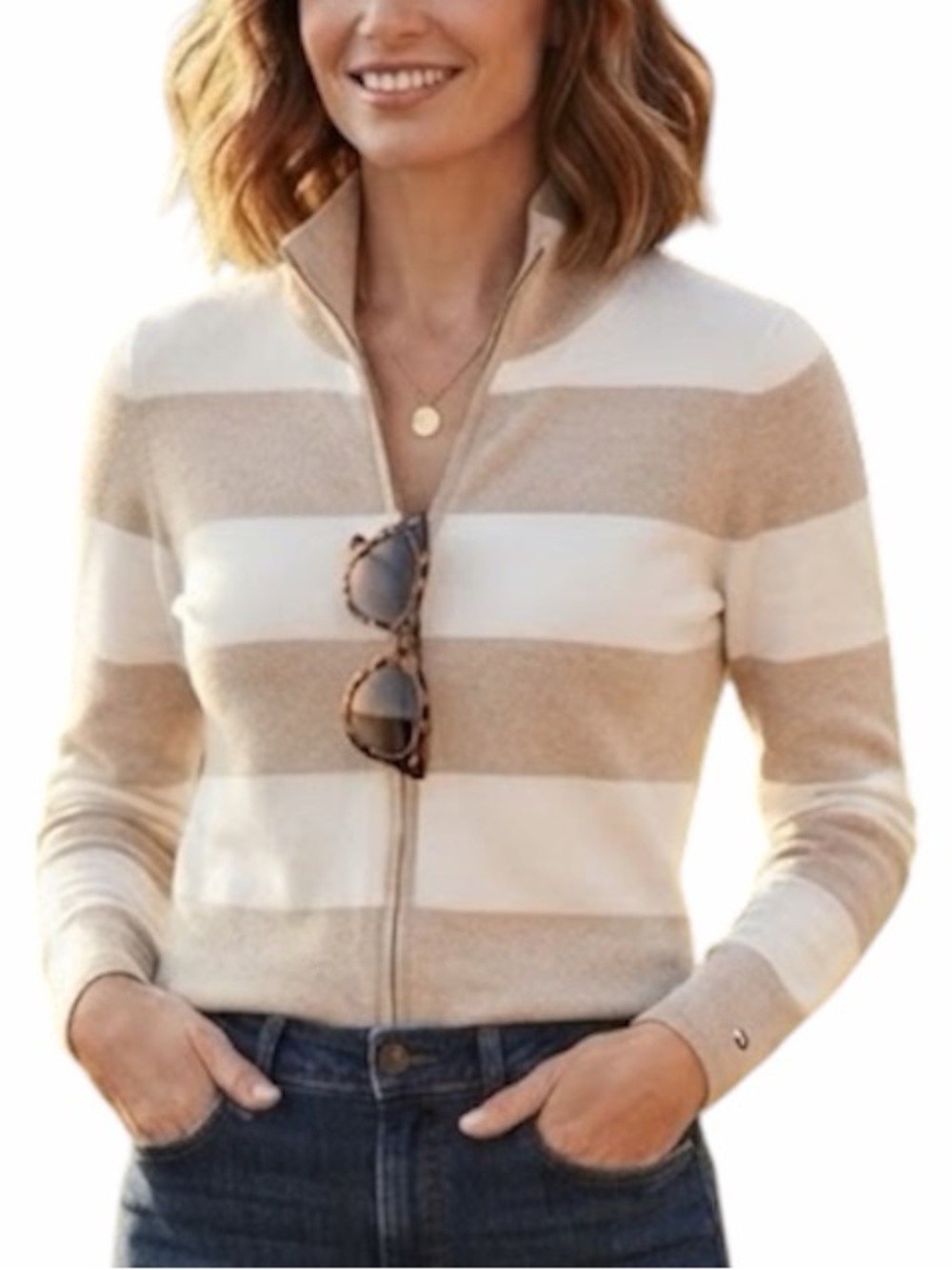 Preppy Quiet Luxury Tommy Hilfiger Striped Full Zip Knit Cardigan Tan Beige M